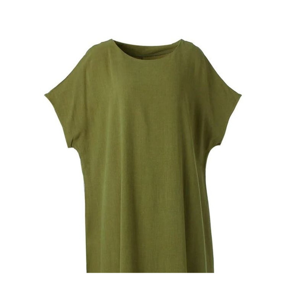 NEW Linen Soft Cotton Kaftan Short Sleeve Loose Casual Maxi Dress M Army Green - Picture 3 of 12